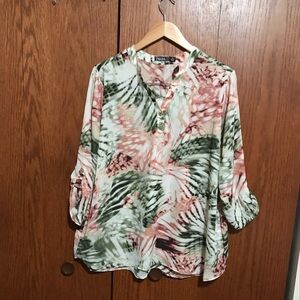 Cure 1XL Floral Print Women's Top Blouse Henley 3/4 Sleeves Multi Colors